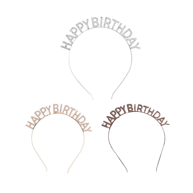 New Happy Birthday Headband Girl Letter Rhinestone Crown Hair Band Birthday Hat - Aimall