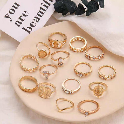 Gold Hollow Stackable Joint Ring Set 15 PCS Various Styles Versatile Womens - Aimall