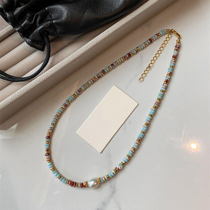Vintage Ocean Style Blue Beaded Necklace Artsy Resort Fashion Jewelry