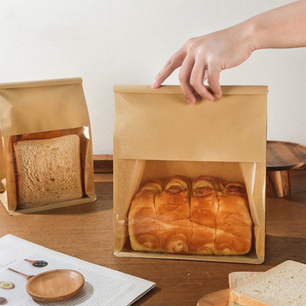100x Kraft Paper Flat Bottom Cake Packaging Toast Bread Bags With Window Cowhide - Aimall