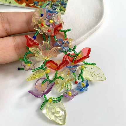 Colourful Flower Long Drop Earrings Elegant Sweet Jewelry for Women Fashion Gift