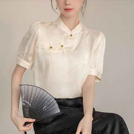 Women Satin Short Sleeve Blouse Chinese Button Top New Fashion Shirt Ladies