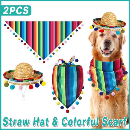 2pcs Striped Triangle Scarf Colourful Hairball Pet Straw Hat Scarf Set for Pets