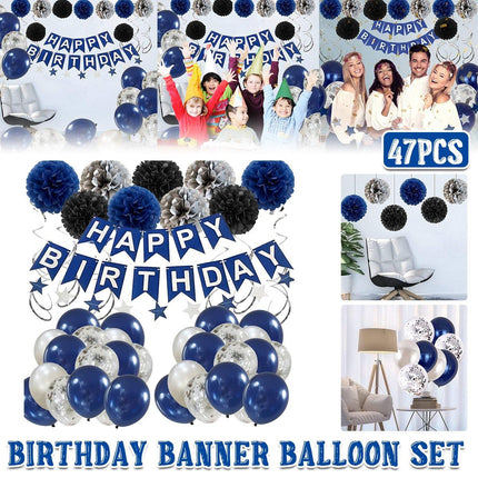 47pcs Blue Birthday Banner Balloon Set Party Decoration Blue Silver Paper Flower