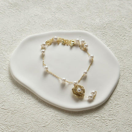 Gold Flower Pearl Tassel Necklace Elegant Temperament Jewelry Gift for Women