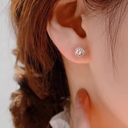 Red Garnet Diamond Halo Round Stud Earring Push Back Rose Gold Plated Women Gift - Aimall