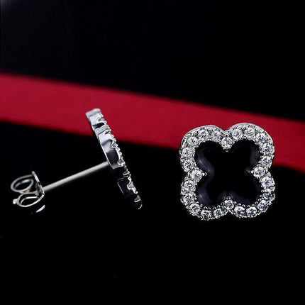 Fashion Flower Four-leaf Lucky Clover Rose Gold White Stud Earring Ladies - Aimall