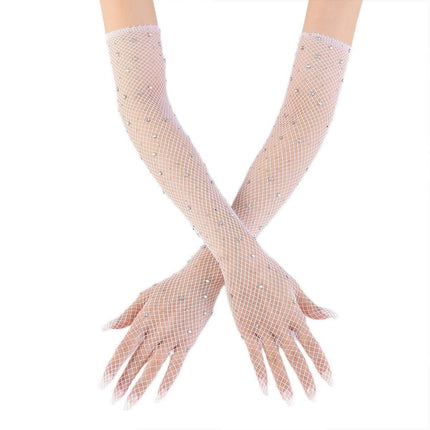 8 Pairs Black White Fishnet Gloves Long Sleeve Rhinestone Party Clubwear