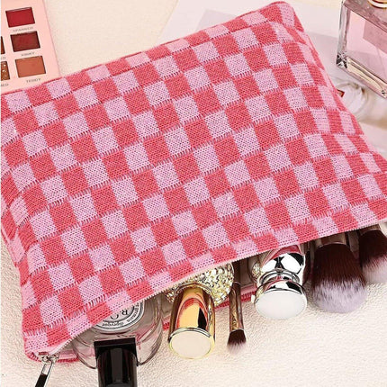 Checkerboard Makeup Bag Large Capacity Knitted Storage Bag Portable Toiletry