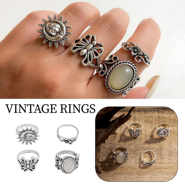 4pcs Butterfly Gem Ring Set Retro Sun Relief Rings Women Fashion Jewelry