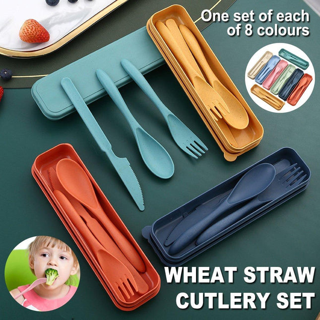 8 Sets Cutlery Wheat Straw Reusable Spoon Fork Knife Travel Portable Tableware