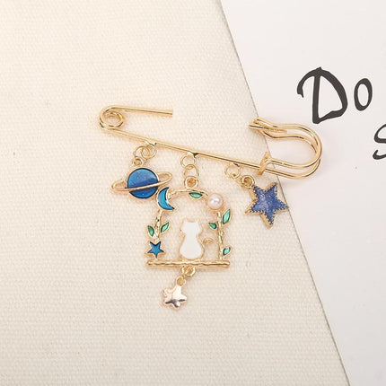 Cartoon Metal Brooch Cute Cat Swinging With Planet Moon Pendant Brooch Pin - Aimall