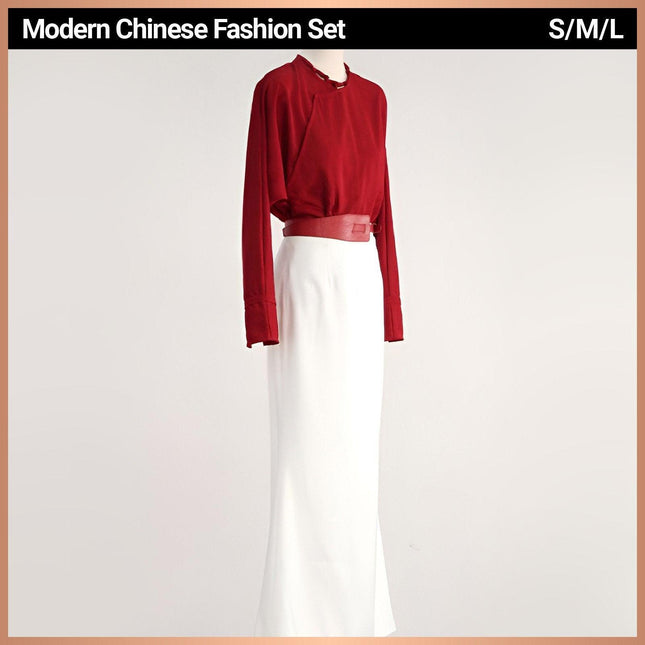 Traditional New Chinese Style Red Blouse Skirt Set Elegant Fashion Women Outfit - Aimall