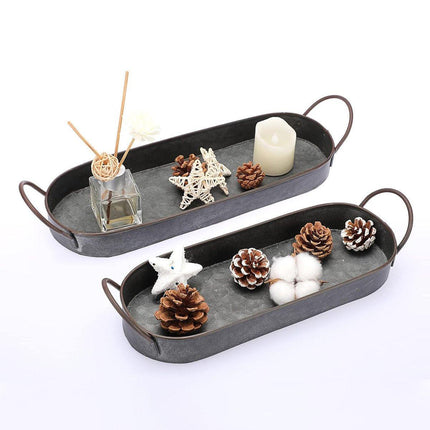 2Pcs Metal Galvanized Tray Metal Decor Chic Farmhouse Tray Centerpiece Oval Tray