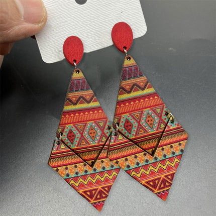 Boho Print Wood Earrings Diamond Shape Drop Dangle Fashion Jewelry for Women
