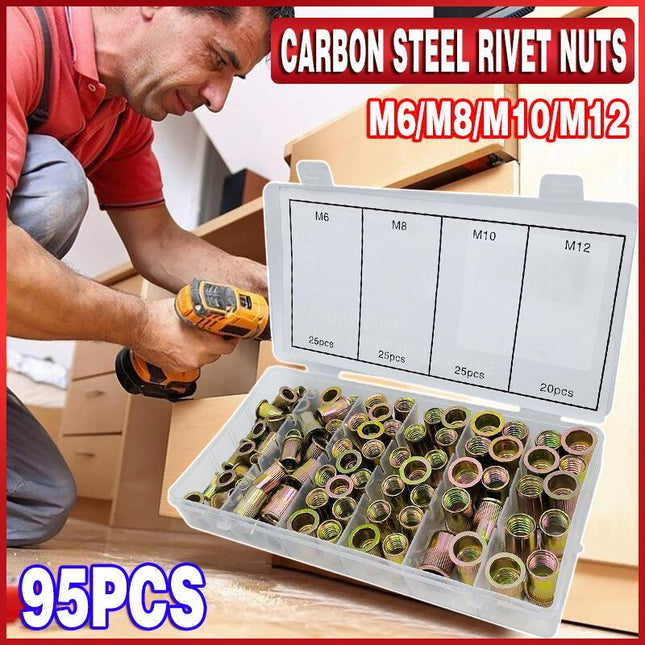 95PCS Carbon Steel Rivet Nuts Flange Blind Nutserts M6 - M12 Rivnut Kit - Aimall