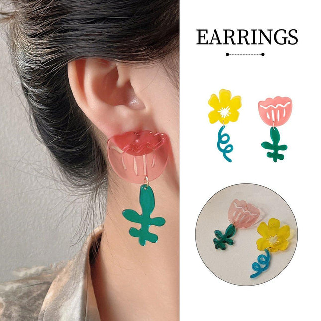 Transparent Flower Earrings Asymmetrical Color Contrast Design Statement Jewelry