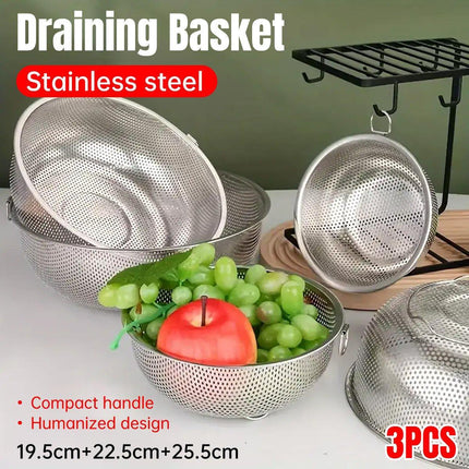 3PCS Stainless Steel Drain Basket Rice Washing Sieve Double Ear Strainer Basin