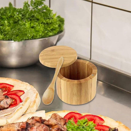 Bamboo Salt Box with Lid Mini Spoon Round Spice Storage Jar Kitchen Utensils Set
