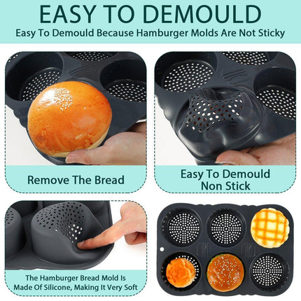 6 Cavity Silicone Hamburger Bun Pan Non Stick Burger Bread Mold Pans Baking Tool
