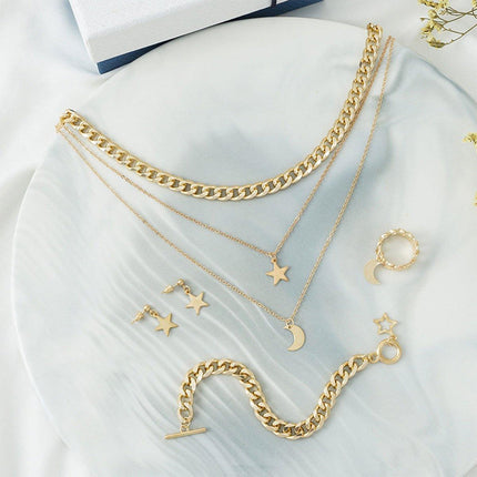 Moon Stars Pendant Necklace Bracelet Ring Earrings Jewelry Set Women Gift
