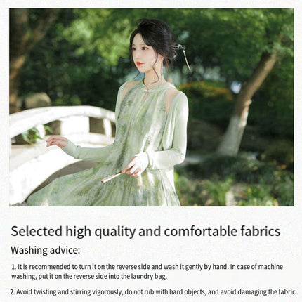 Women Chinese Style Green Halter Neck Long Dress Elegant Evening Gown