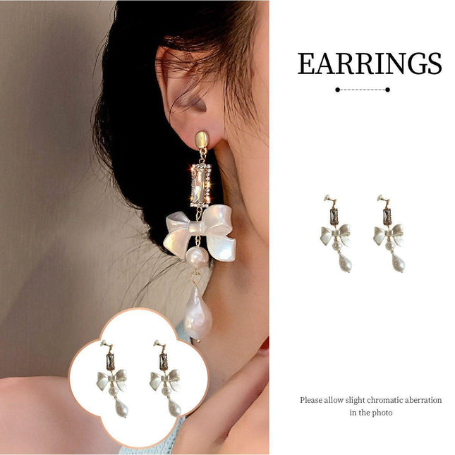 Sweet White Bow Long Earrings for Girls Elegant Fashion Dangle Jewelry Gift