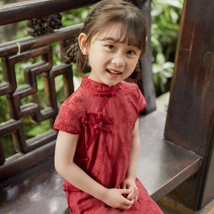 Summer Cotton Cheongsam Dress Girls Retro Solid Color Fashion Solid Color Dress - Aimall