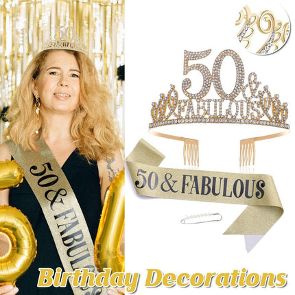 50th Birthday Gold Party Set Hairband Crown Sash Belt Ceremonial Accessory Kit