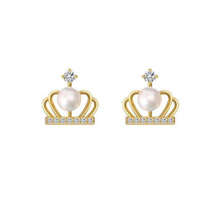 Luxury Crown Imitation Pearl Earrings 5-6mm Needle Studs Elegant Fashion Jewelry