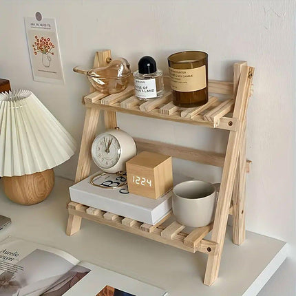 Wooden Desktop Storage Rack Double-Layer Desktop Storage Shelf Folding Organizer