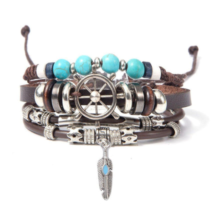 Turquoise Woven Leather Multi Layered Beaded Bracelet with Wood Beads Women