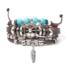 Turquoise Woven Leather Multi Layered Beaded Bracelet with Wood Beads Women