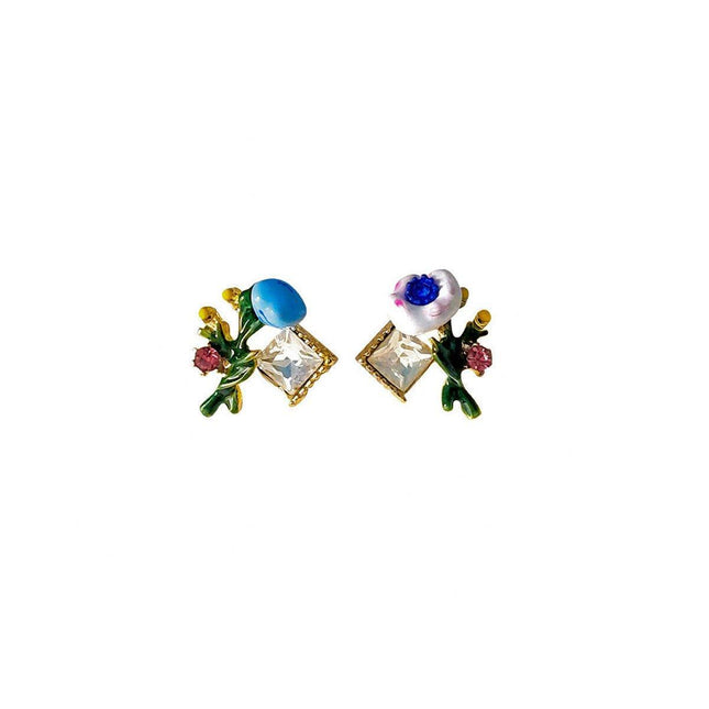 Asymmetric Enamel Flower Earrings for Women Sweet Jewelry Trendy Accessories