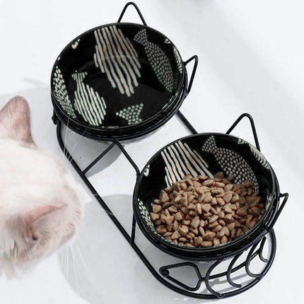 Double Ceramic Anti-Tipping Cat Dog Food and Water Bowl with Spine Fixed Design