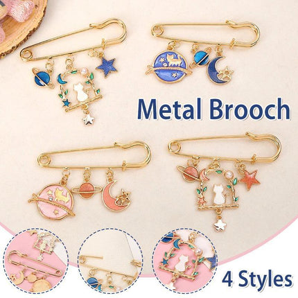 Cartoon Metal Brooch Cute Cat Swinging With Planet Moon Pendant Brooch Pin - Aimall