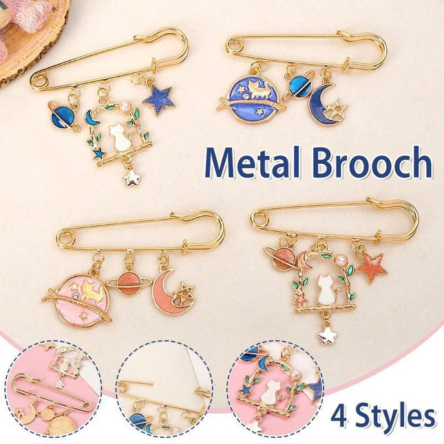 Cartoon Metal Brooch Cute Cat Swinging With Planet Moon Pendant Brooch Pin - Aimall