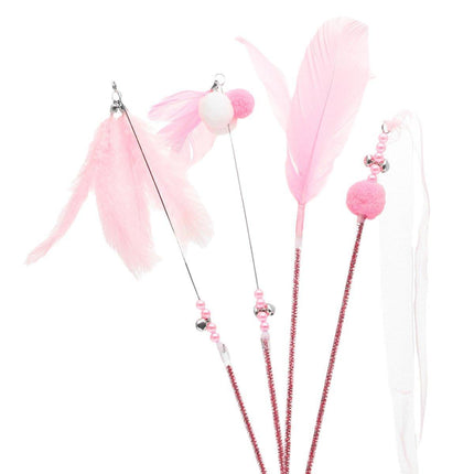 4PCS Cat Teaser Stick with Bells Feathers Bite-resistant Long Rod Toy Supplies