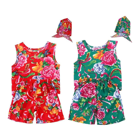Floral Print Summer Outfit Cotton Vest Shorts and Scarf Three-Piece Set