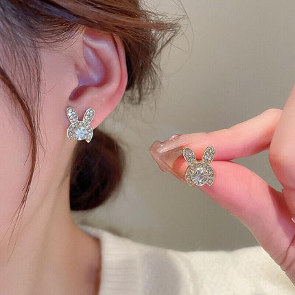 Silver Crystal Rabbit Ear Drop Dangle Earrings Women Fashion Jewelry Girl Gift - Aimall