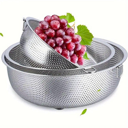 3PCS Stainless Steel Drain Basket Rice Washing Sieve Double Ear Strainer Basin