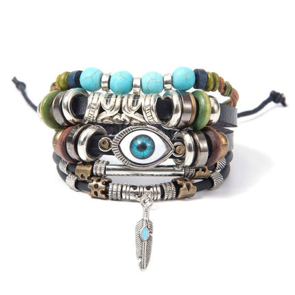 Turquoise Woven Leather Multi Layered Beaded Bracelet with Wood Beads Women