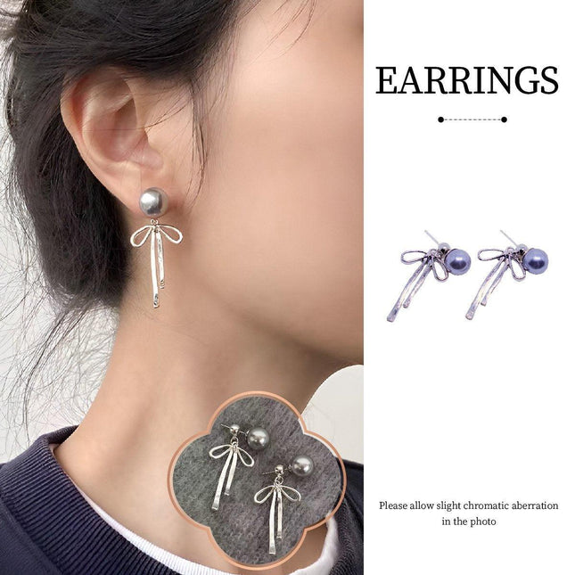 Grey Pearl Ribbon Long Tassel Earrings Elegant Fashion Jewelry for Women Gift
