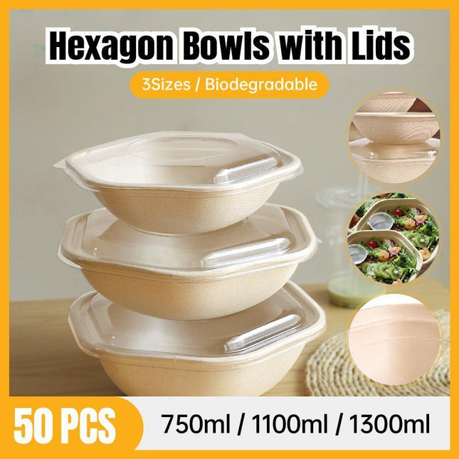 50X Eco Hexagonal Biodegradable Salad Bowl Disposable Lightweight Meal Container - Aimall