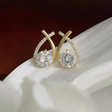 Gold Zircon Crossed Stud Earrings Elegant Simple Earrings For Women Fashion - Aimall