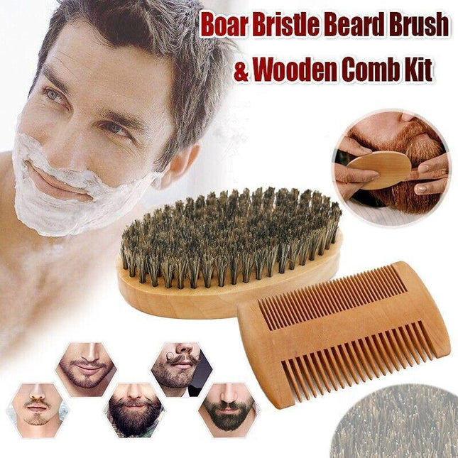 Boar Bristle Beard Brush & Wooden Comb Kit Beard Care Kit L Beard Grooming Kit # - Aimall