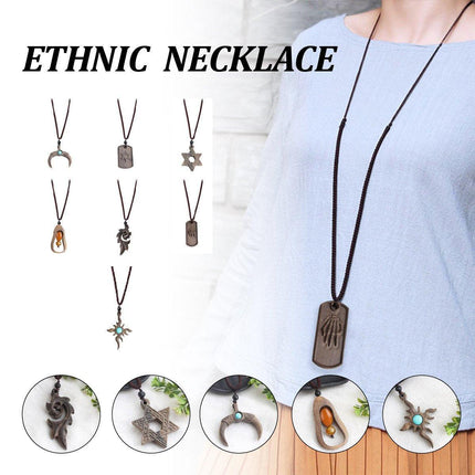 Ethnic Style Retro Long Sweater Chain Necklace with Wooden Pendant Fashion
