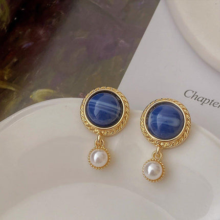 Retro Blue Oil Drop Earrings Fashion Needle Jewellery Elegant Niche Style