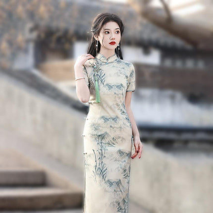 Long Cheongsam Chinese Style Slim Fit Eight Buttons Ink Painting Dress Colourful