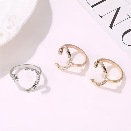 Alloy Star Moon Opening Rings Rhinestone Crescent Couple Ring Women - Aimall